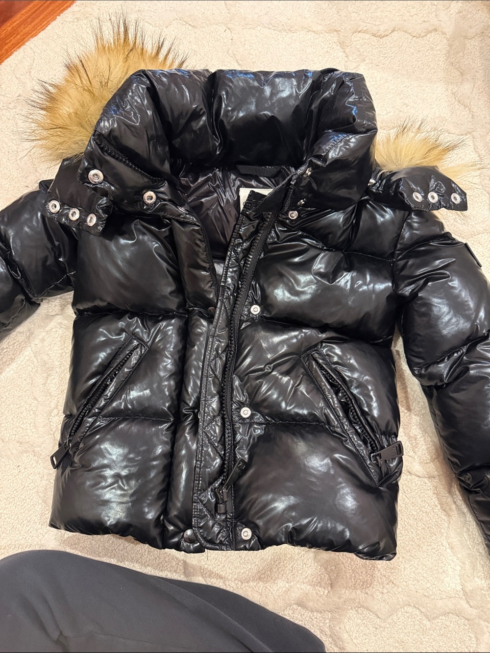 SAM. Girls Shiny Black Puffer Coat with Faux Fur Hood Trim